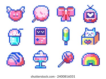 Pixel Art Cute Valentine Day Icons. 8bit Style Digital Stickers Featuring Pixelated Desserts and Treats - Pink Cotton Candy, Ice Cream, Popsicles, Cakes, Cat, Rainbow, Y2k Retro Game Console, Lollipo,