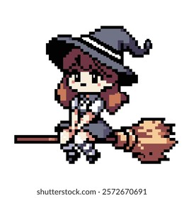 Pixel art cute witch with broom