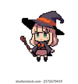 Pixel art cute witch with staff