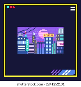 Ilustración de ciberciudad de arte de Pixel. Icono de estilo ciberpunk de 8 bits del paisaje urbano nocturno. Pegatina de juego retro de vectores de los años 80.