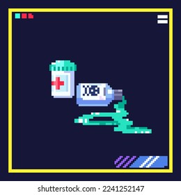 Cibermedicina de arte de píxeles e ilustración de veneno. Icono de drogas al estilo ciberpunk de 8 bits. Pegatina de juego retro de vectores de los años 80.