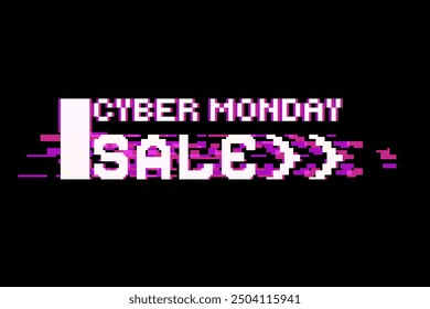 Pixel Art Cyber Monday Sale White Typography with pink glitched effect, Black Background
