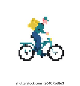 Pixel art cyclist with yellow backpack riding bicycle in a mosaic style illustration for delivery.