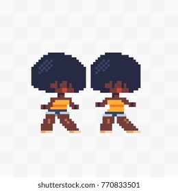 Pixel art dancing girl character. Sequence of animation. Woman with afro hairstyle. Design of 80s. Game assets. 8-bit. Isolated abstract vector illustration. Video game sprite.