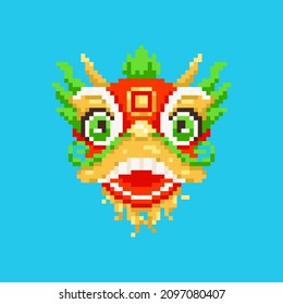 Pixel art dancing lion or dragon icon. Vector 8 bit style illustration of Chinese lion or dragon face. Isolated red and gold holiday decorative element for retro video game computer graphic.