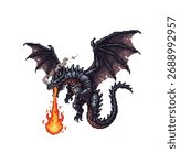 pixel art dark dragon breathing fire fantasy illustration