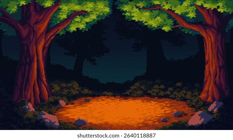 Pixel art of a dark forest with an empty glade at night. Mysterious scene with calm atmosphere - vector illustration.