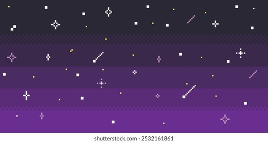 Pixel art dark sky background. Night sky texture. Sparkling stars. Arcade retro 8 bit style. Black, purple gradient. Game abstract pixel pattern. Mood of 90's aesthetics. Simple geometric shape