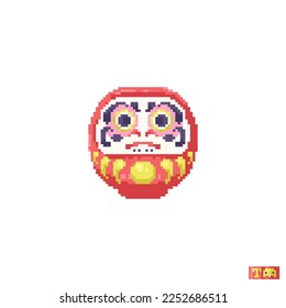 Pixel art Daruma doll. 8 bit Japanese daruma in retro gamer style. Pixel art wish bodhidharma for game, print, sticker or cross-stitch. Vector pixel art illustration.