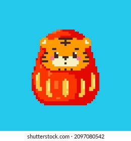 Pixel art daruma tiger icon. Vector 8 bit style illustration of Chinese tiger doll. Isolated red and gold element of retro video game computer graphic.