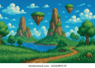Pixel art daytime seascape with towering floating islands above calm water, distant peaks, and grassy forest trail. Bright 16‑bit fantasy background ideal for adventure or platform games.