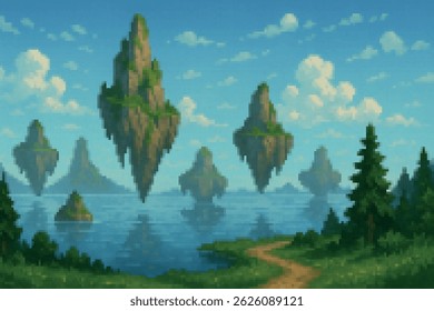 Pixel art daytime seascape with towering floating islands above calm water, distant peaks, and grassy forest trail. Bright 16‑bit fantasy background ideal for adventure or platform games.