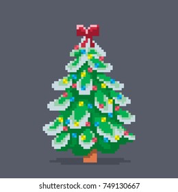 Pixel art decorated christmas tree. Vector illustration.