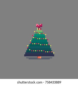 Pixel art decorated christmas tree. Vector illustration.