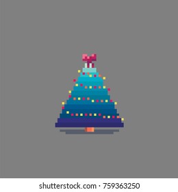 Pixel art decorated christmas tree. Vector illustration.