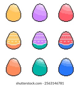 Pixel art decorated easter eggs vector icons set isolated  on white background. Retro video game style sticker