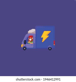 Pixel art delivery car with lightning symbol on it and happy driver