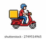 Pixel Art Delivery Icon. Pixelated delivery person on motobike