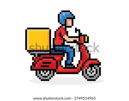 Pixel Art Delivery Icon. Pixelated delivery person on motobike