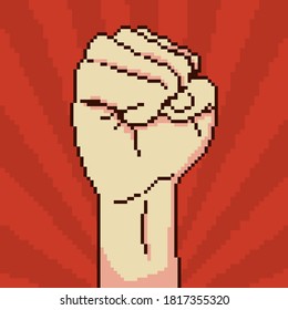 Pixel art demonstration, revolution, protest raised arm fist. Pixel fist. 8 bit. 