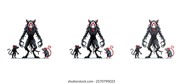 Pixel art depicting a menacing wererat with two smaller rats on either side creating a dark fantasy scene.