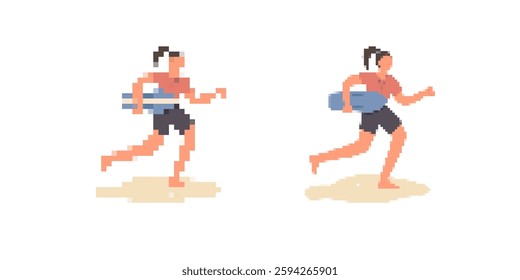 Pixel art depicting two surfers running, holding boards, ready to embrace their next surfing adventure.