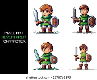 A pixel art depiction of an 8 bit adventurer character.