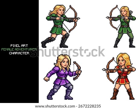 A pixel art depiction of an 8 bit female adventure character