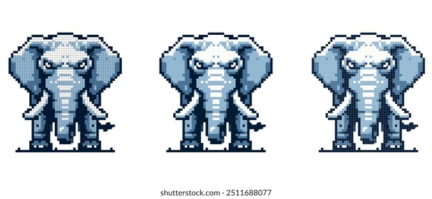 Pixel arte representação de um elefante azul e branco de frente com grandes orelhas e presas.