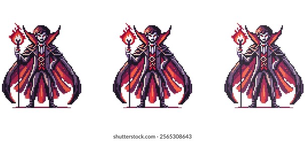 Pixel art depiction of Count Dracula in a dark cloak holding a staff with a fiery orb standing confidently against a white background