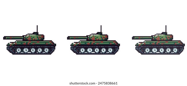 Pixel art depiction of a green camouflage tank with a large cannon and detailed treads against a plain background.