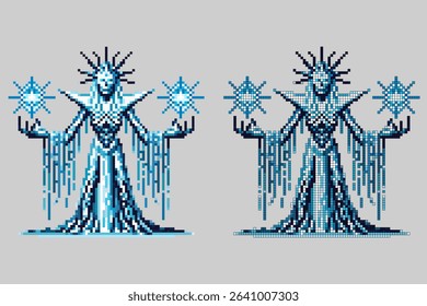 Pixel art depiction of the leader of the White Walkers, adorned in a flowing robe and crowned with icy spikes, holding glowing star-like objects