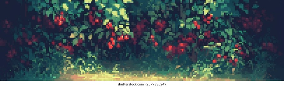 A pixel art depiction of a lush garden scene featuring vibrant green foliage and clusters of red berries. The background is rich in color, creating a serene and inviting atmosphere.