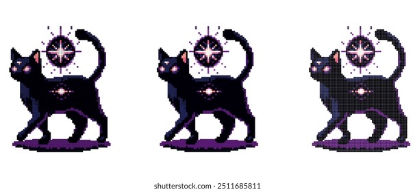 A pixel art depiction of a mystical black cat with glowing purple symbols hovering around its body, casting an enchanting aura on a white background.