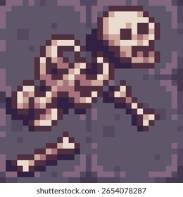 Pixel arte representação de ossos de esqueleto espalhados e um crânio, deitado em azulejos de chão de calabouço. Estilo de fantasia sombria, RPGs, roguelikes ou ambientes de jogo 2D assustadores.