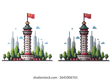 Pixel art depiction of a tall tower with a Chinese flag on top, green roof, and red accents, surrounded by trees and modern skyscrapers	
