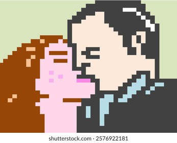 Pixel art depiction of two individuals close to each other, sharing an intimate or affectionate moment. 