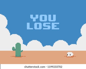 Pixel art desert background with clouds, cactus, skull and you lose text