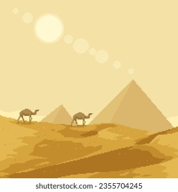 pixel art of desert camel pyramid