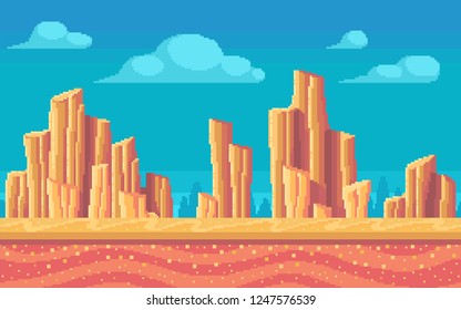 Pixel art desert at day. Seamless background. Vector illustration.