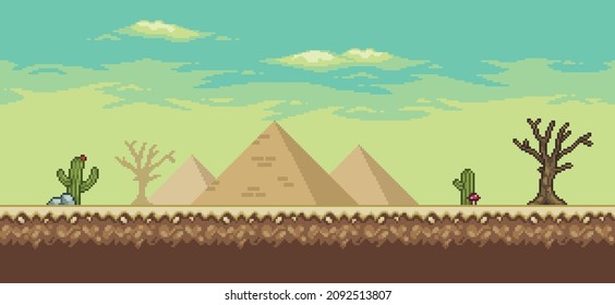 Escena de juegos del desierto del arte pixel con palmera, pirámides, cactús, fondo de árbol de 8 bits