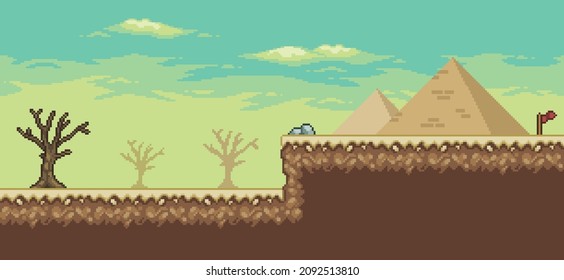Escena de juegos del desierto del arte pixel con palmera, pirámides, cactús, fondo de árbol de 8 bits
