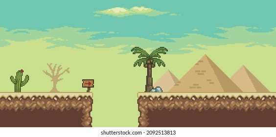 Pixel art desert game scene with palm tree, pyramids, cactuses, tree 8bit background