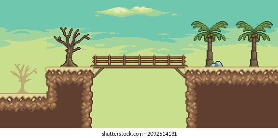 Pixel art desert game scene with palm tree, cactuses, bridge, tree 8bit background