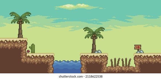 Pixel art desert game scene with  palm tree, oasis, trap, cactuses, 8bit background