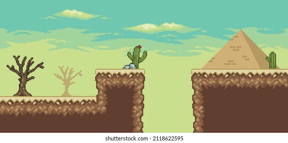 Pixel art desert game scene with  pyramid, palm tree, cactuses, dry tree 8bit background