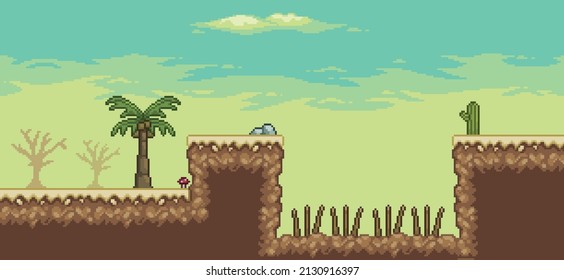 Pixel art desert game scene with palm tree, cactuses, trap 8bit landscape background