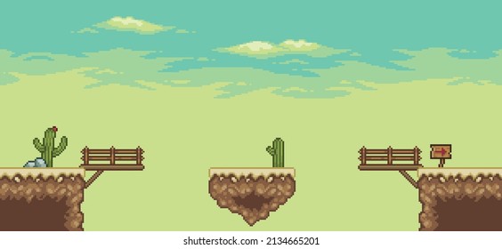 Pixel art desert game scene with cactuses, bridge, floating island
8bit landscape background