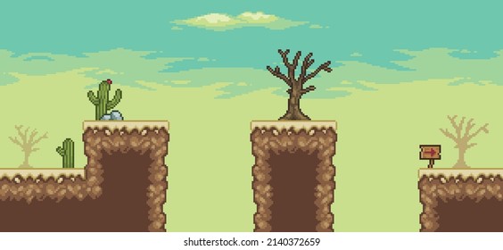 Pixel art desert game scene with dry tree, cactuses, wooden board, clouds 8bit landscape background