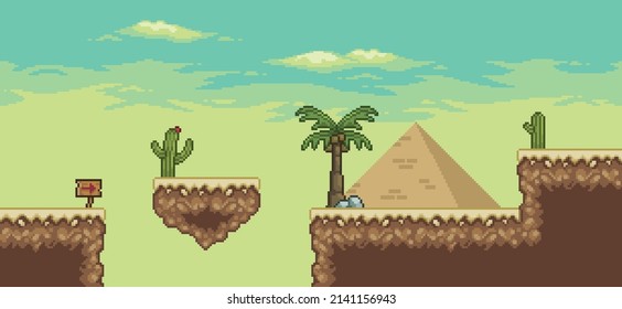 Pixel art desert game scene with pyramid, palm tree, cactuses, floating island 8bit landscape background